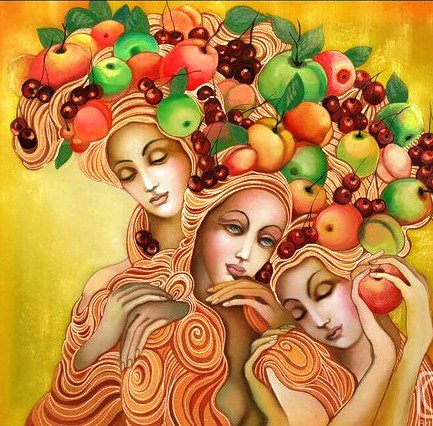 Три девушки - фрукты, девушки, картина, панно - оригинал
