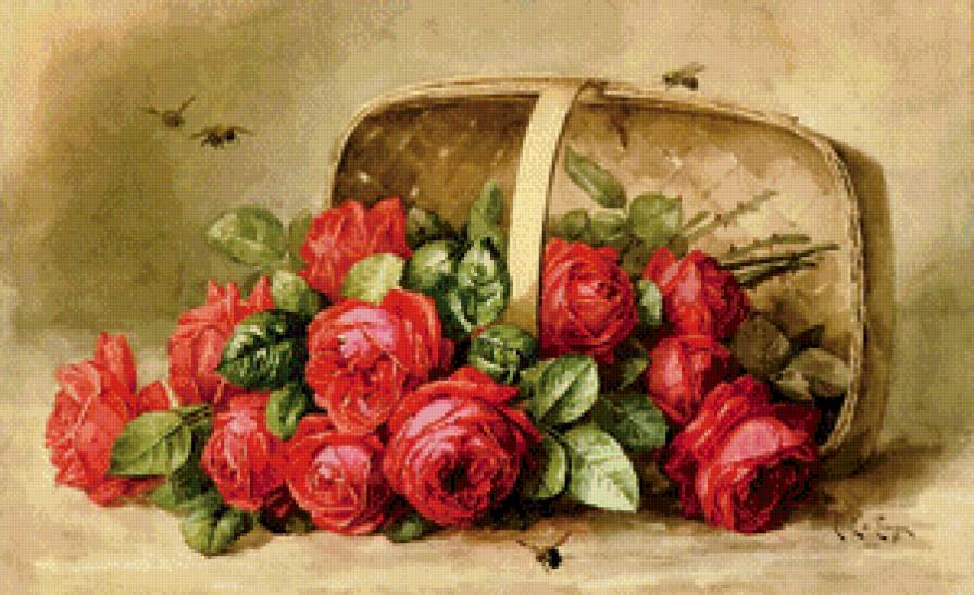 розы в корзине - розы, открытка, цветы, корзина, рисунок, букет - предпросмотр