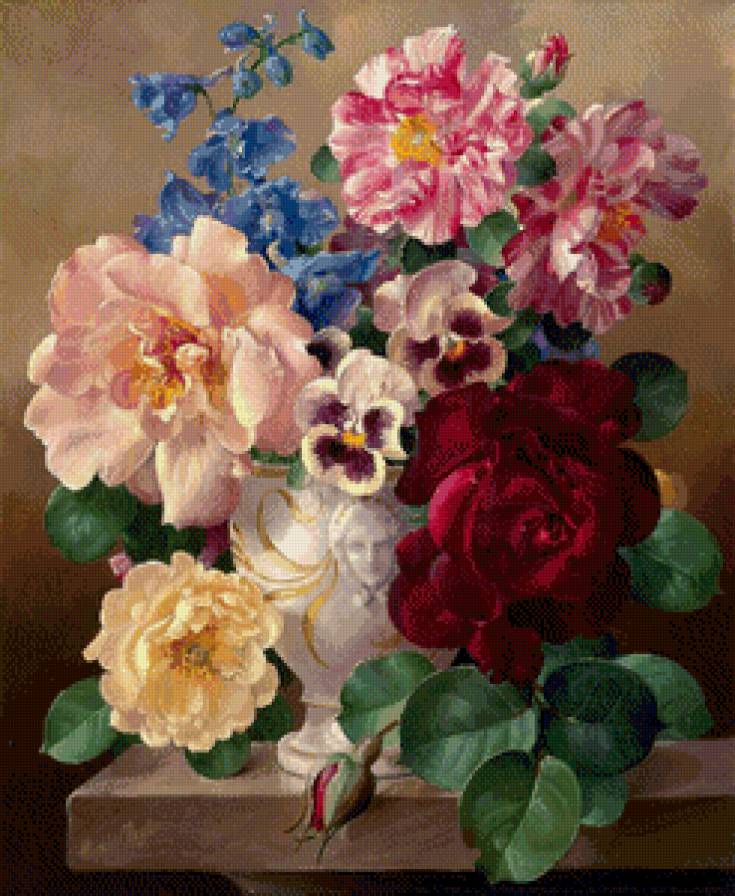 ваза с цветами - розы, цветы, анютины глазки, живопись, ваза, букет - предпросмотр