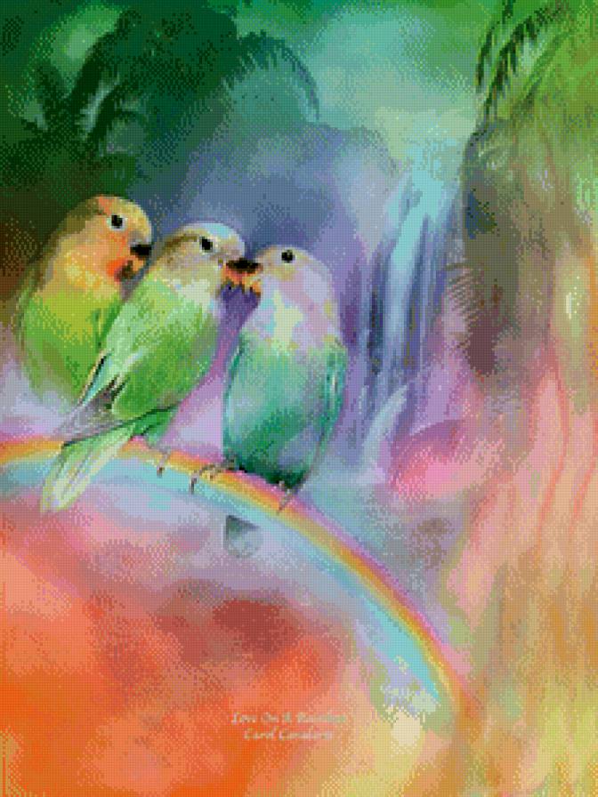 три попугайчика - природа, рай, сад, арт, парусник, попугай, краски - предпросмотр