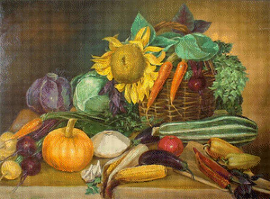 Натюрморт с овощами - овощи, подсолнух, дача, кухня - предпросмотр