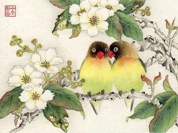 две птички на ветке в японском стиле - пара, ветка, птицы, цветы, восток, фен шуй, япония - оригинал