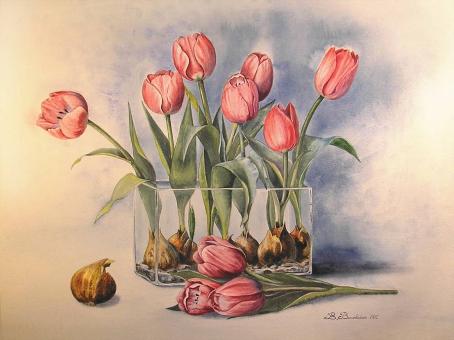 тюльпаны - ваза, открытка, букет, тюльпаны, цветы, весна - оригинал