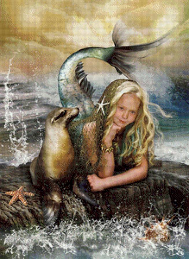 №691747 - картина, животное, море, русалка, девочка - предпросмотр