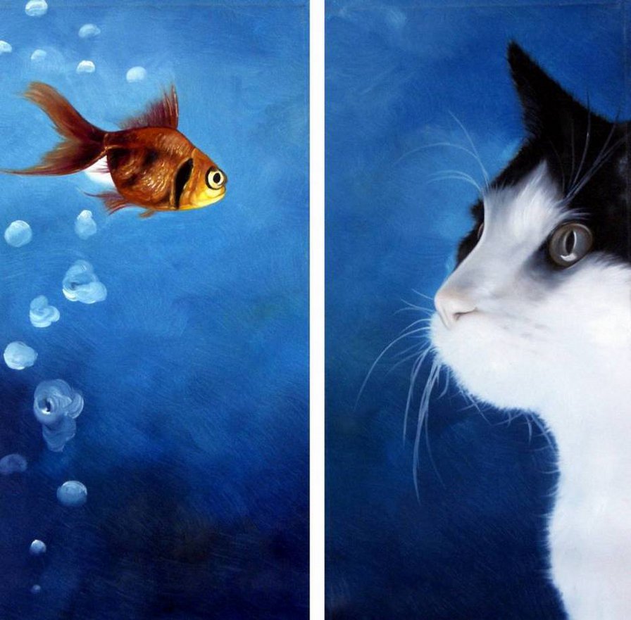 Диптих - Золотая рыбка - кошки, диптих, рыбы - оригинал