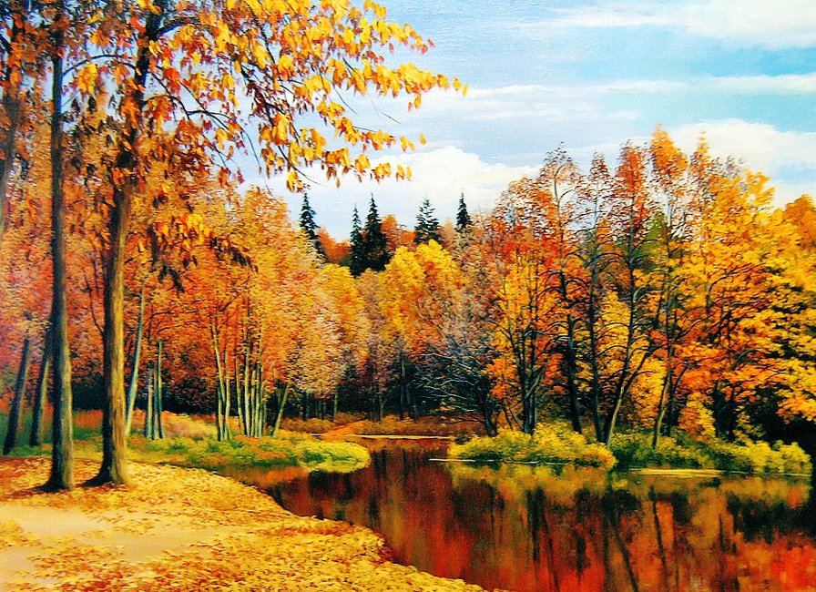 тихая речка - река, пейзаж, деревья, лес, природа, осень - оригинал