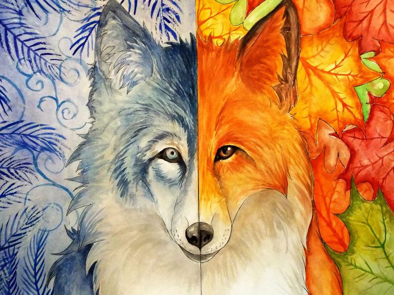 Зима и осень. Волк и Лис. - листья, осень, снег, животные, волк, лис, зима - оригинал