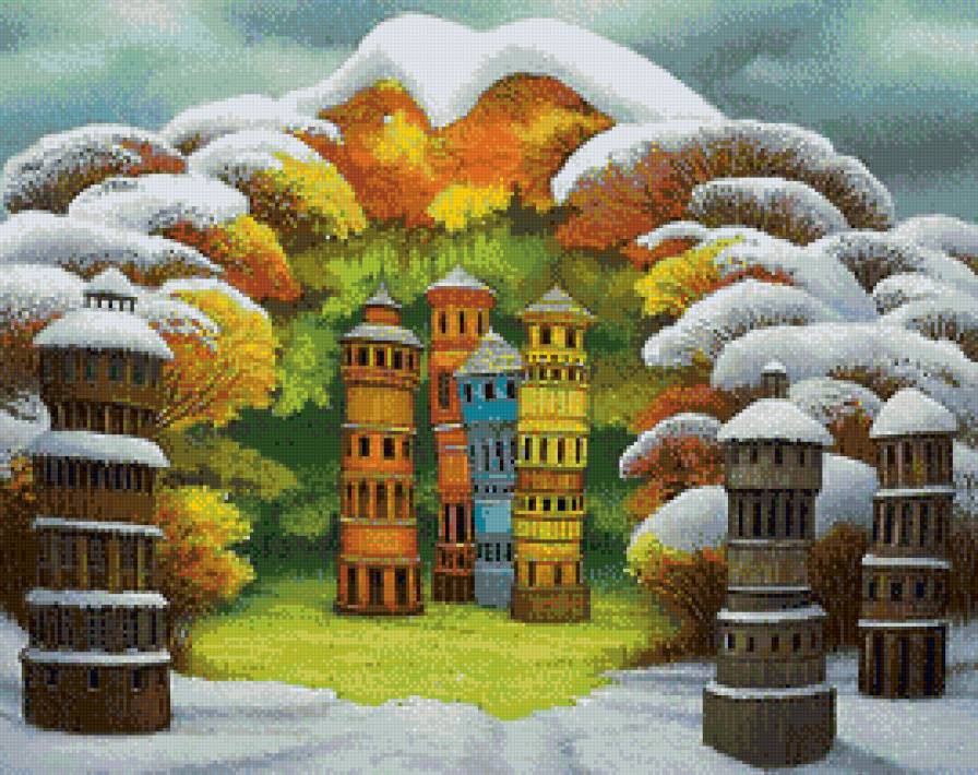пейзаж с башнями - пейзаж, снег, осень - предпросмотр