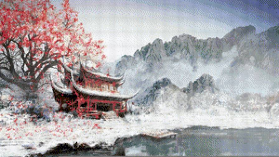 Восточный мотив - сакура, пагода, зима, япония - предпросмотр