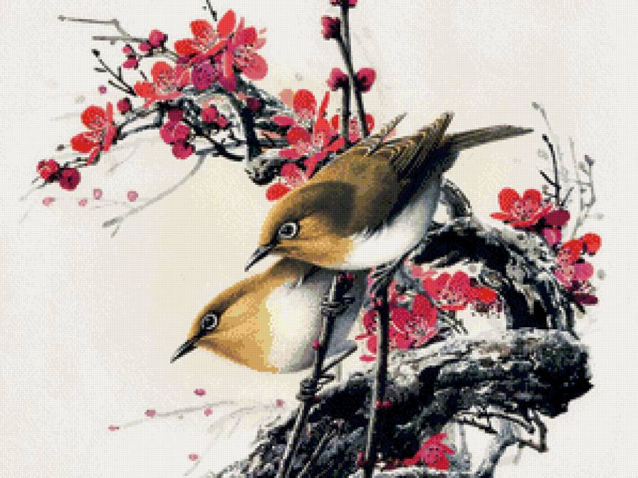 птицы на сакуре - весна, япония, восток, ветка, птицы, сакура, пара - предпросмотр