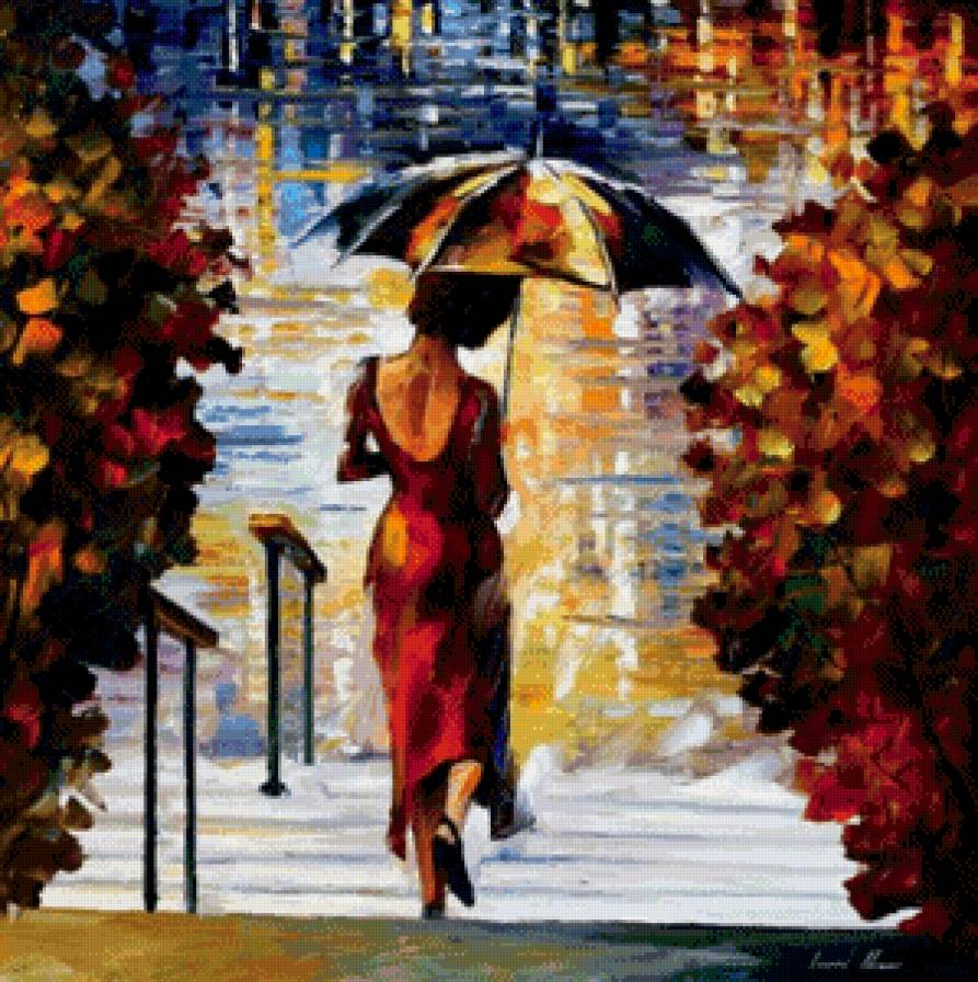 под дождём - город, картина, графика, девушка, дождь, живопись, пейзаж - предпросмотр