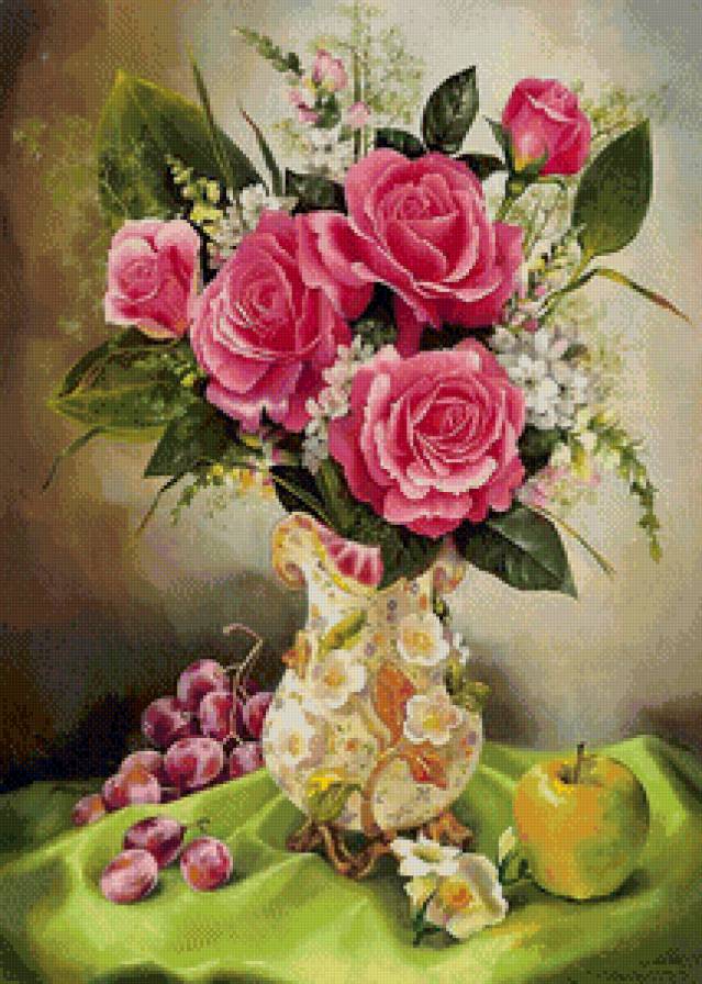 №695097 - цветы, натюрморт, ваза, картина, розы - предпросмотр