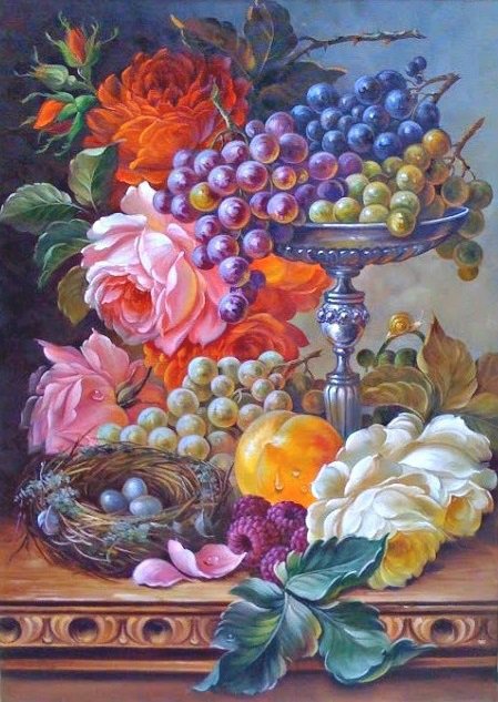 №695121 - розы, натюрморт, цветы, картина, виноград - оригинал