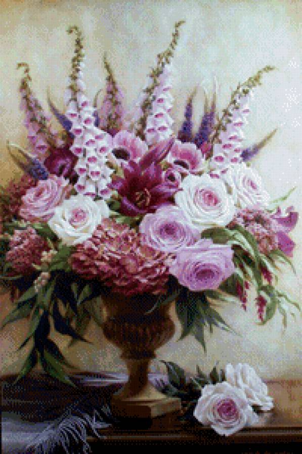 цветочный букет - натюрморт, ваза, розы, живопись, цветы, букет - предпросмотр