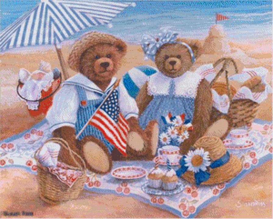 Плюшевые медведи на пляже - у моря, игрушки, медведи. пляж, плюшевые - предпросмотр