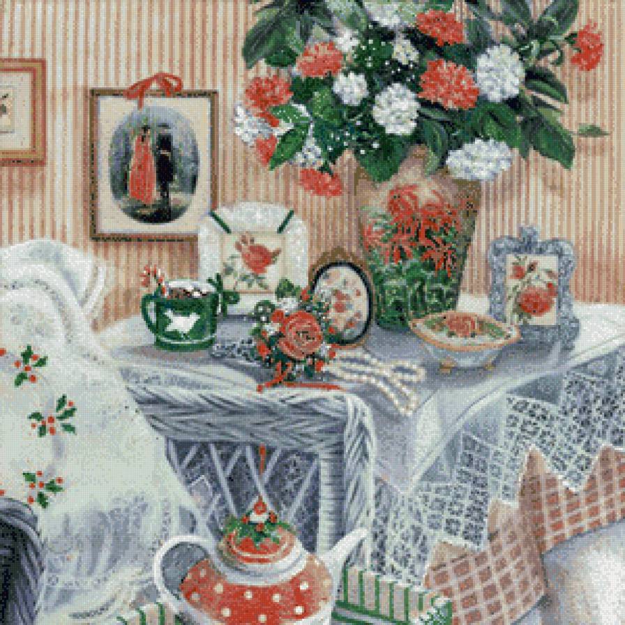 Натюрморт - скатерть, чайник, натюрморт, цветы - предпросмотр