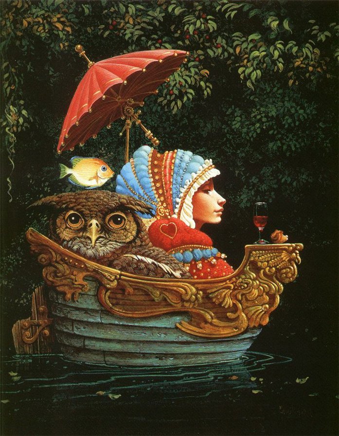 Путешествие в лодке с совой - картина, зонтик, сова, лодка - оригинал