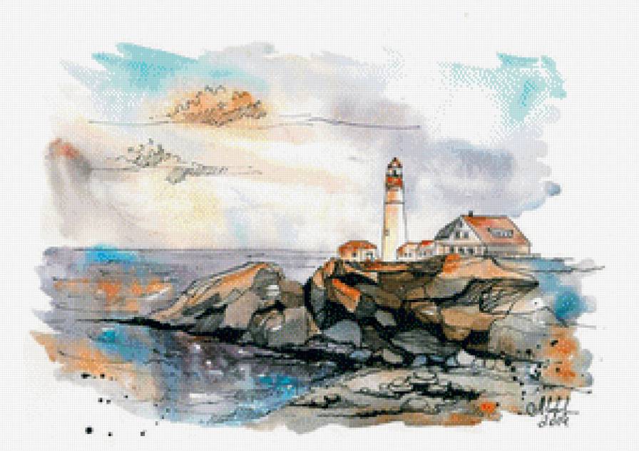 Одинокий маяк - акварель - акварель, маяк, вода, море, рисунок, скалы - предпросмотр