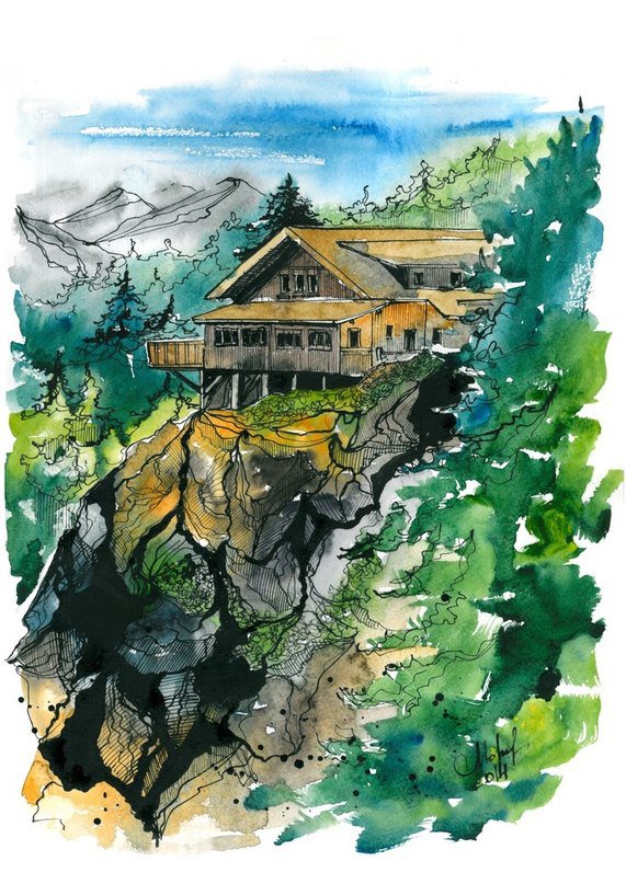 Домик в горах - акварель - рисунок, акварель, лес, горы, природа, дом - оригинал