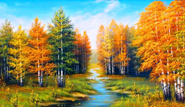 лесной ручей - пейзаж, осень, лес, березы, ручей - оригинал