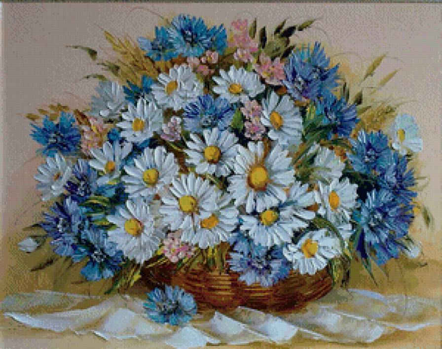 букет ромашек и васильков в вазе - ваза, цветы, васильки, букет, ромашки, натюрморт, лето - предпросмотр