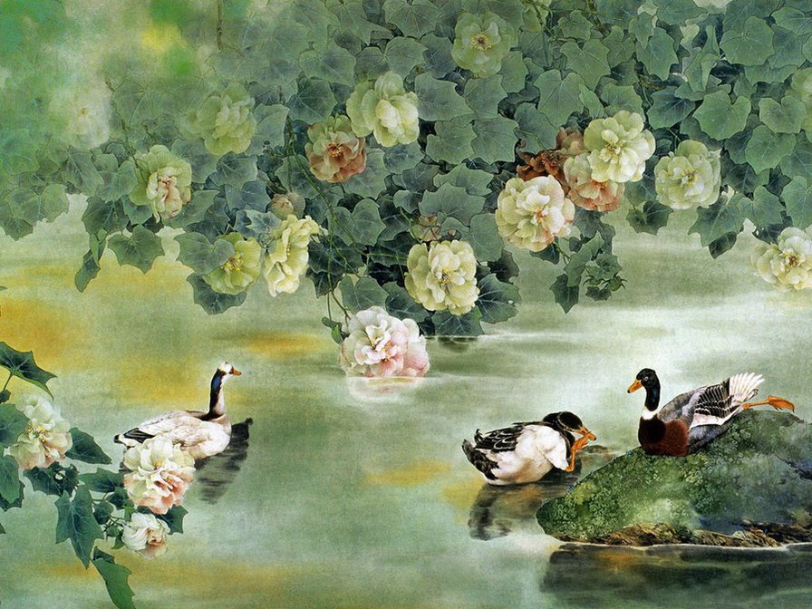 Японская живопись - цветущая живопись, пруд, утки - оригинал