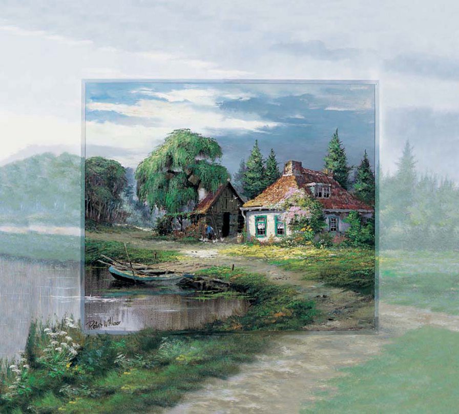 художник Рейнт Висаар - лето, река, природа, дом, лодка, пейзаж, картина - оригинал