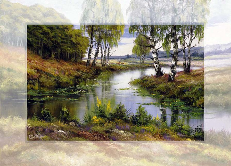 художник Рейнт Висаар - природа, береза, вечер, картина, пейзаж, река - оригинал