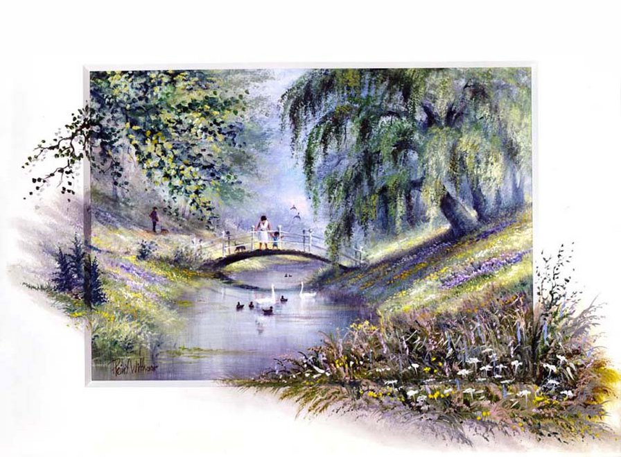 художник Рейнт Висаар - пейзаж, мост, природа, картина, река, береза - оригинал