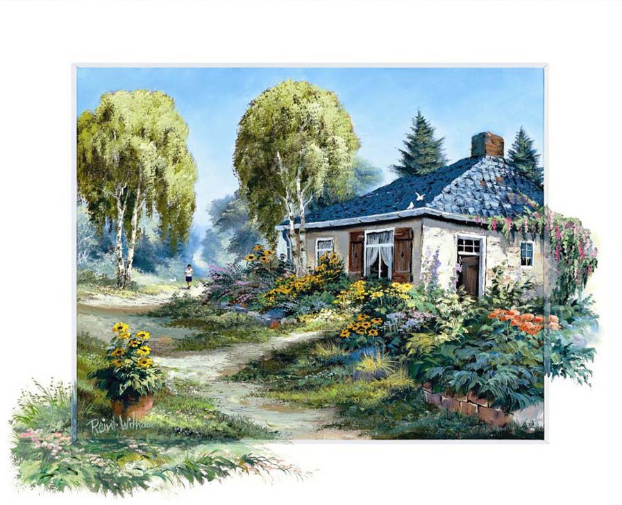 художник Рейнт Висаар - картина, природа, лето, дом, пейзаж, цветы - оригинал