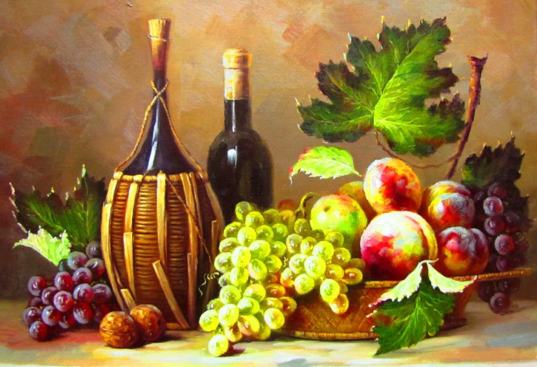 натюрморт с виноградом - картина, листья, виноград, натюрморт - оригинал