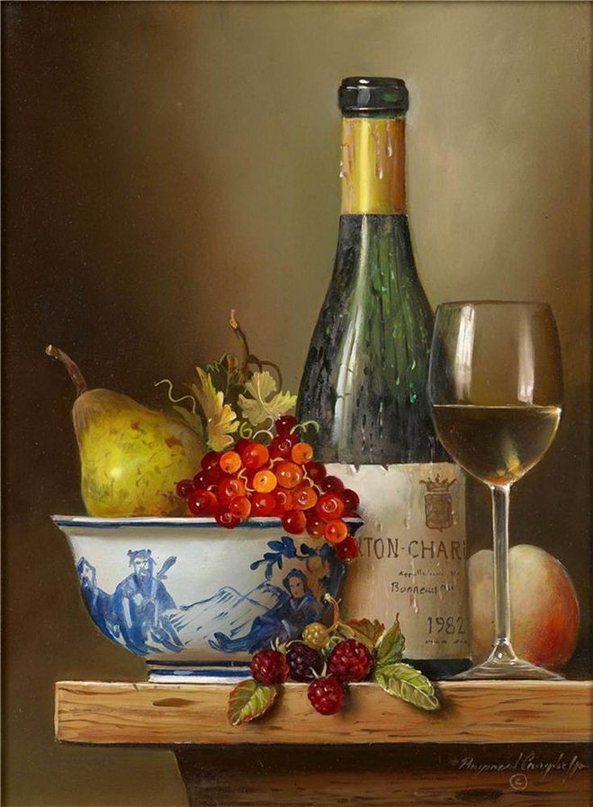 Натюрморт - груша, виноград, малина, вино - оригинал