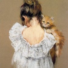 Оригинал схемы вышивки «девушка с котом» (№700551)