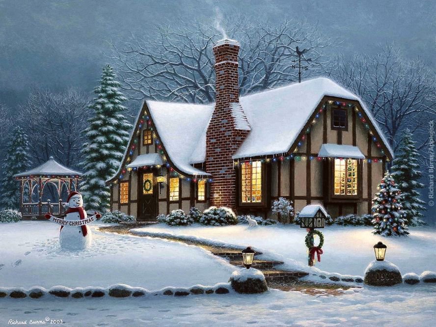 Зима - новый год, зима, снеговик, дом - оригинал