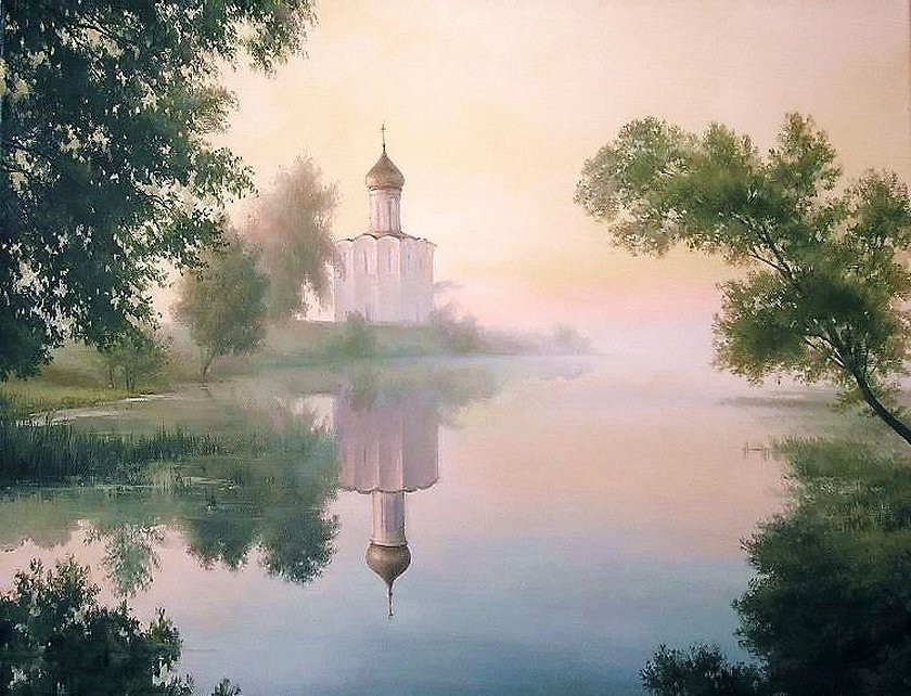 Храм - природа, туман, церковь, пейзаж, река - оригинал