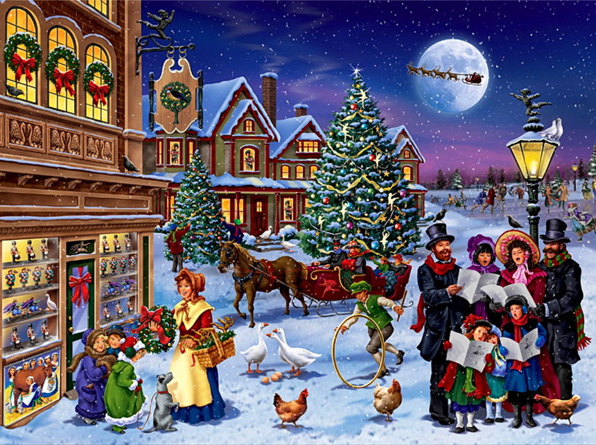 Новый год - гуси, куры, люди, зима, дети, праздник, елка, дом - оригинал