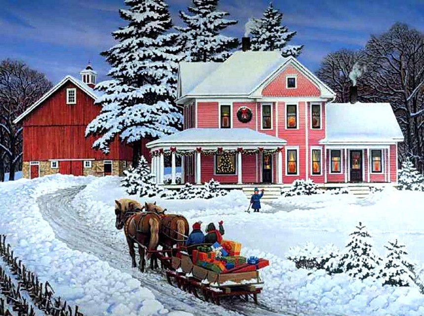 Зима - сани, зима, лошадь, дети, повозка, дом, люди - оригинал