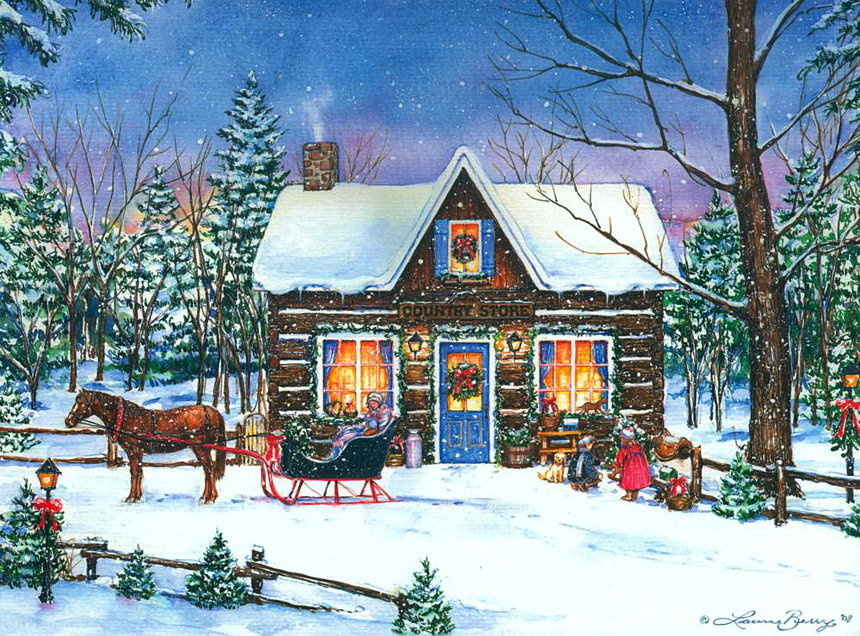 Новы год - зима, дети, лошадь, дом - оригинал
