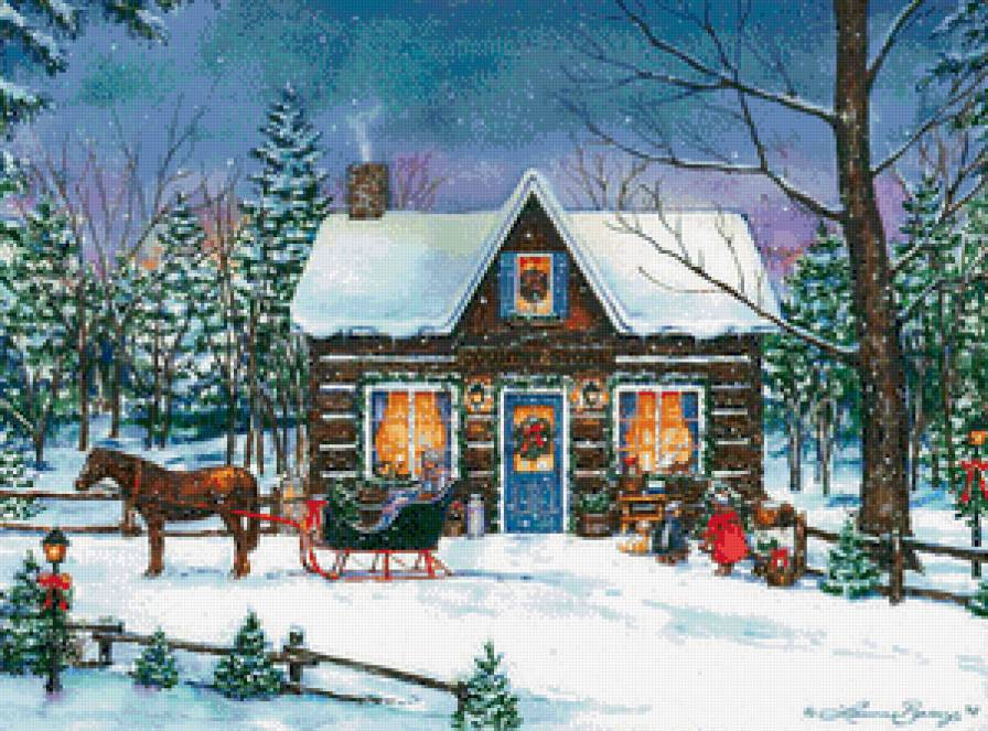 Новы год - зима, лошадь, дом, дети - предпросмотр