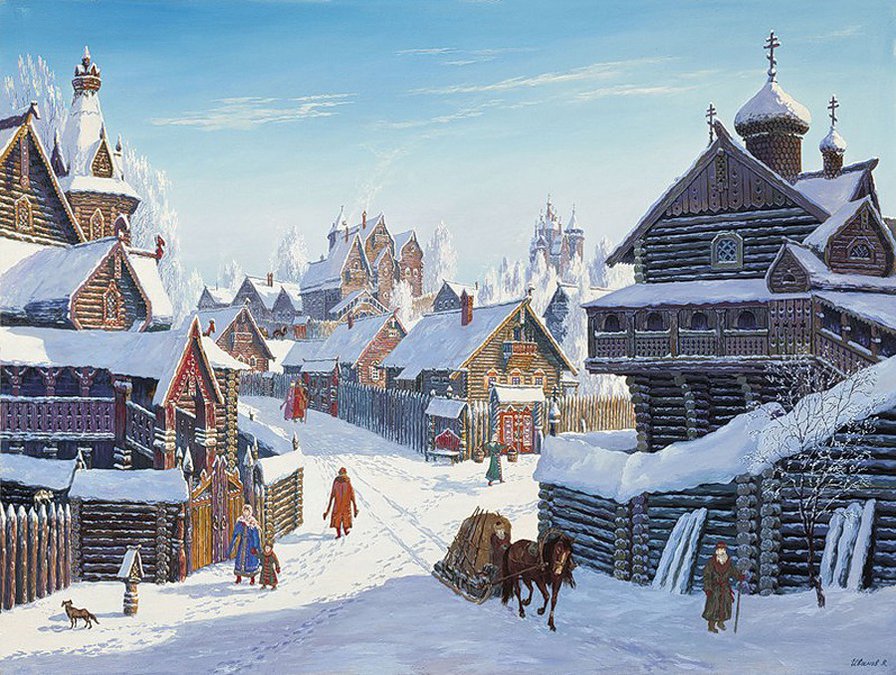 Зима - церковь, дом, крестьяне, зима - оригинал