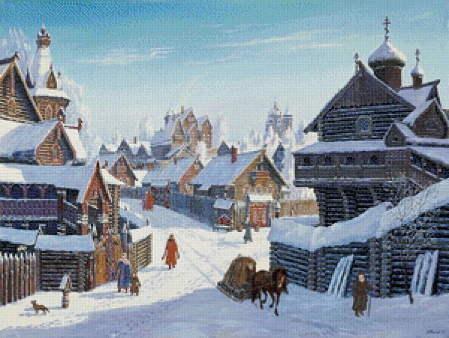 Зима - крестьяне, зима, дом, церковь - предпросмотр