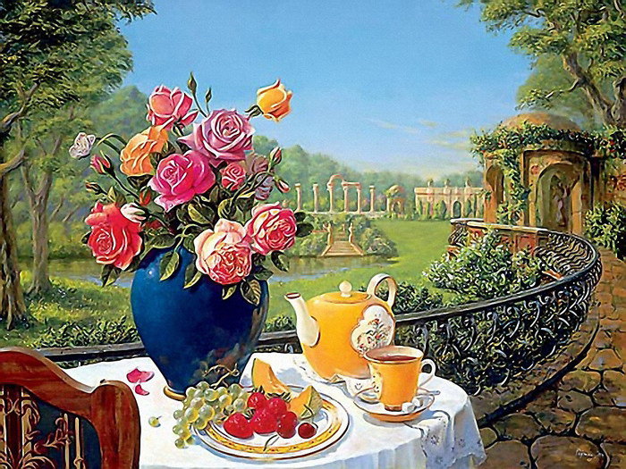 Натюрморт - роза, ваза, стол, лето - оригинал
