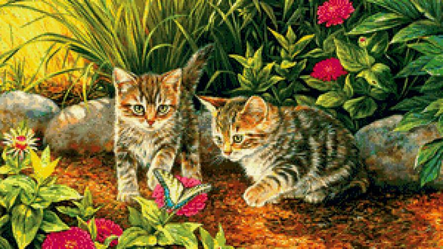 котята и бабочка - картина, кошки, бабочка, животные, природа, цветы - предпросмотр