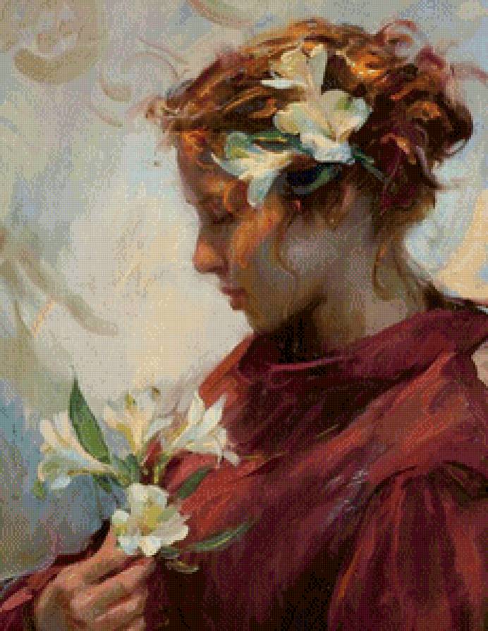 девушка с лилиями - женщина, портрет, девушка, цветы, живопись, лилии - предпросмотр