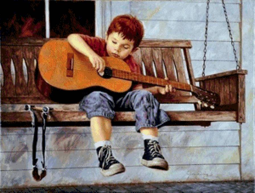 мальчик с гитарой - гитара, мальчик, детское, скамейка, музыка, ребенок - предпросмотр