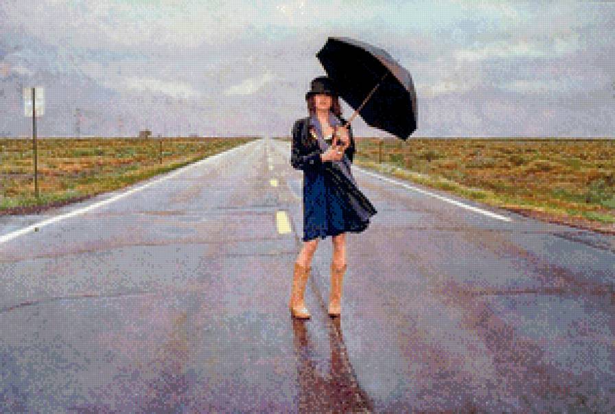 девушка с зонтиком - зонтик, дорога, дождь, девушка - предпросмотр