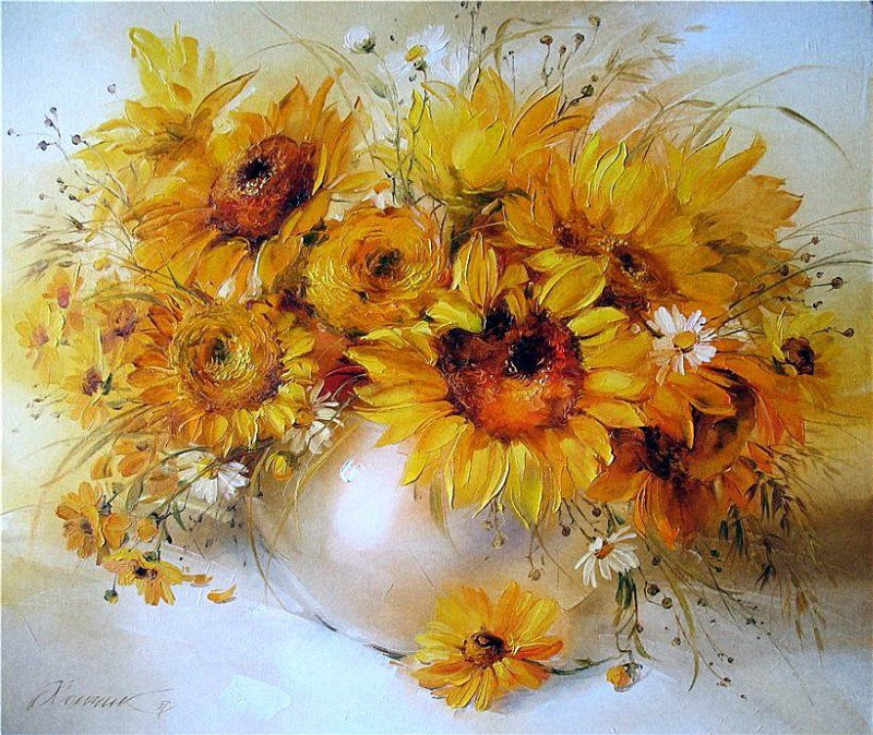 солнечные цветы в вазе - цветы, живопись, натюрморт, букет, ваза, картина, подсолнухи - оригинал