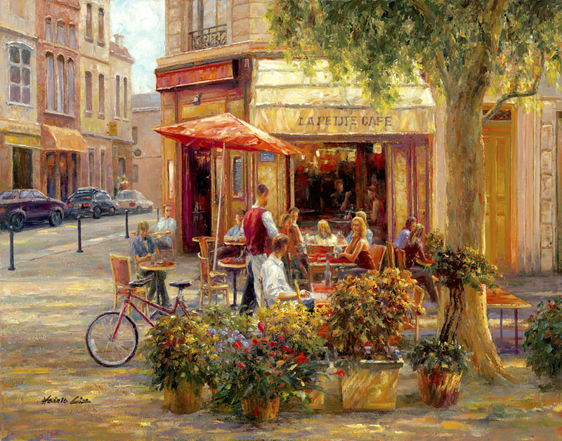 тихая улочка - улица, пейзаж, город, кафе, живопись, париж, франция - оригинал
