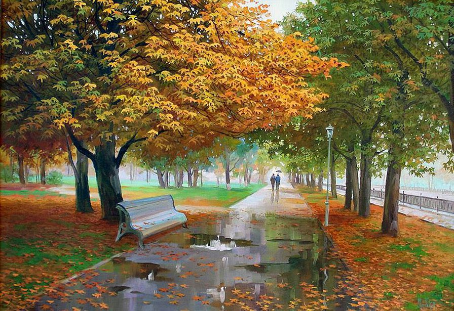 осенний парк - парк, осень, природа, пейзаж, живопись, дождь - оригинал