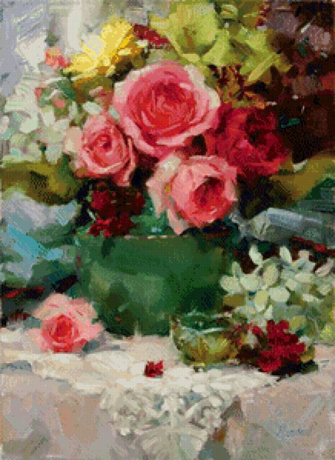 букет роз в вазе - ваза, натюрморт, букет, цветы, розы, живопись - предпросмотр